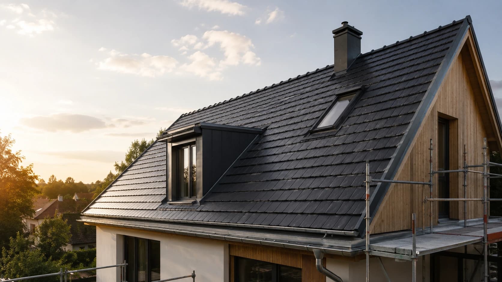 Modernes Schieferdach mit klarer Dachlinie, Gaube und Dachfenster